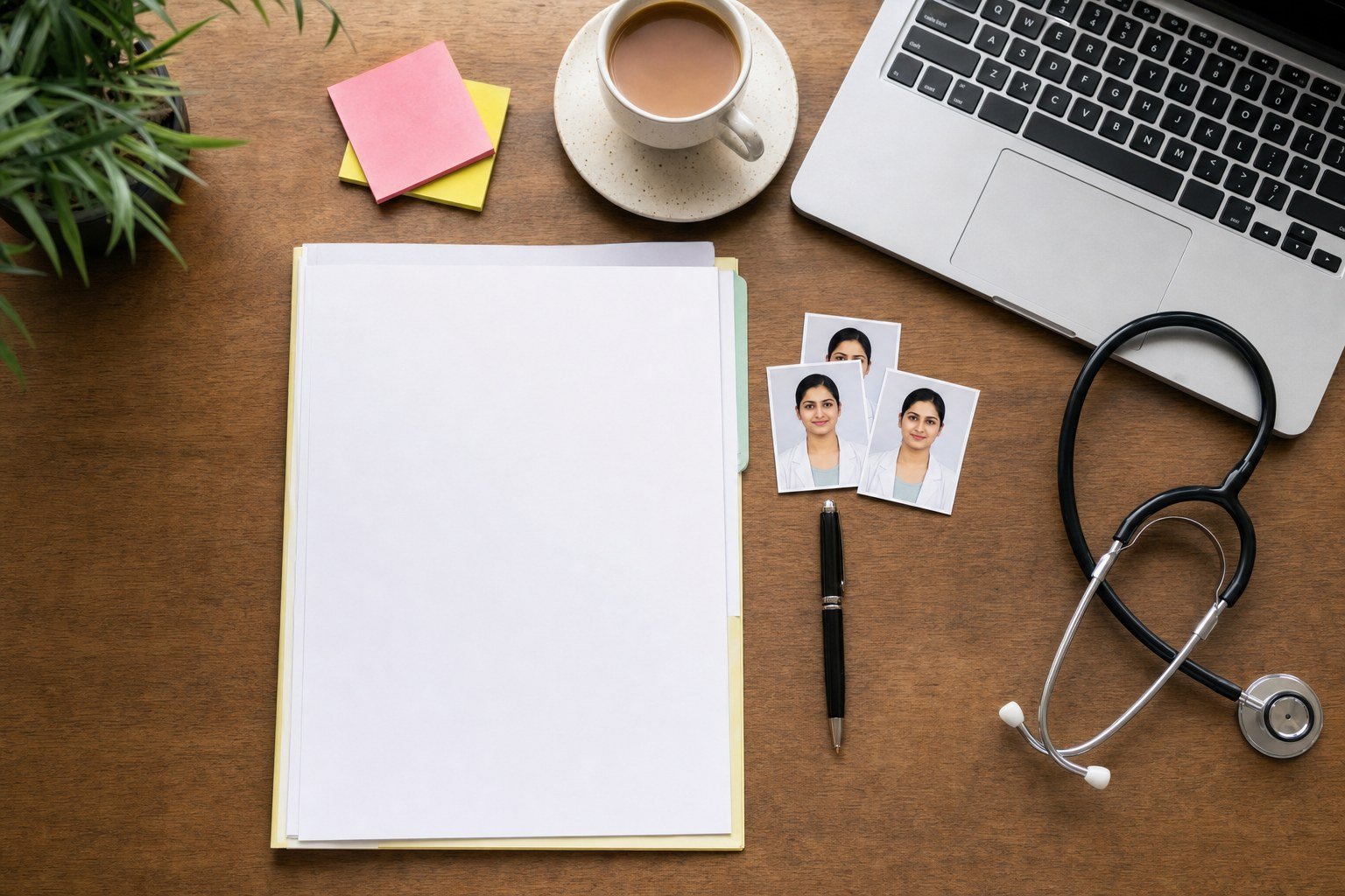 Documents, photographs and a stethoscope arranged on a desk for NEET counselling