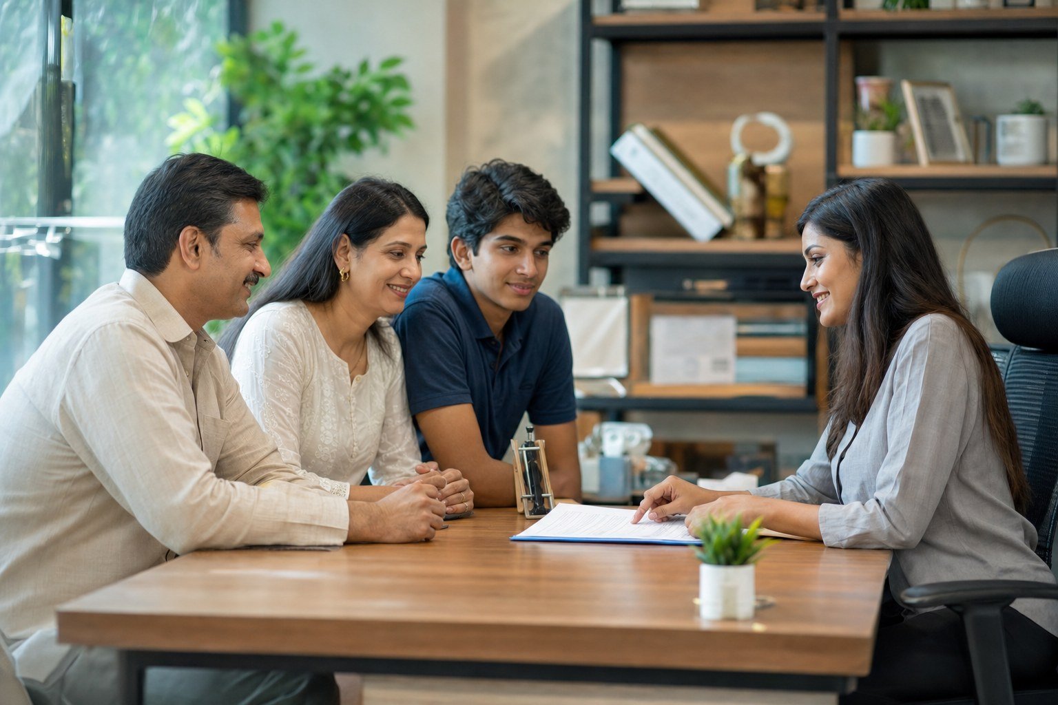 Indian parents and their son with a Padhai Likhai counsellor in New Delhi